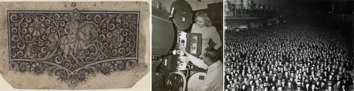 a knight on  horse; a woman looking at a Centrex projector; and a black-and-white photo of a crowd