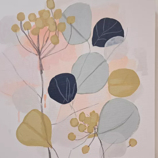 Painting of plants in pastel hues and blocks