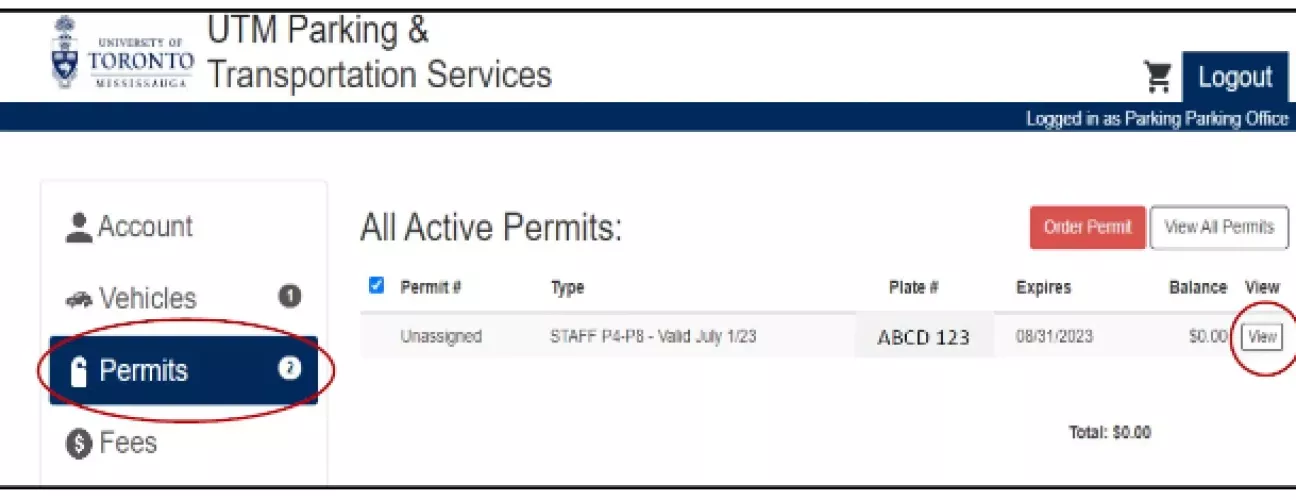Screenshot of  Permit parking purchasing site