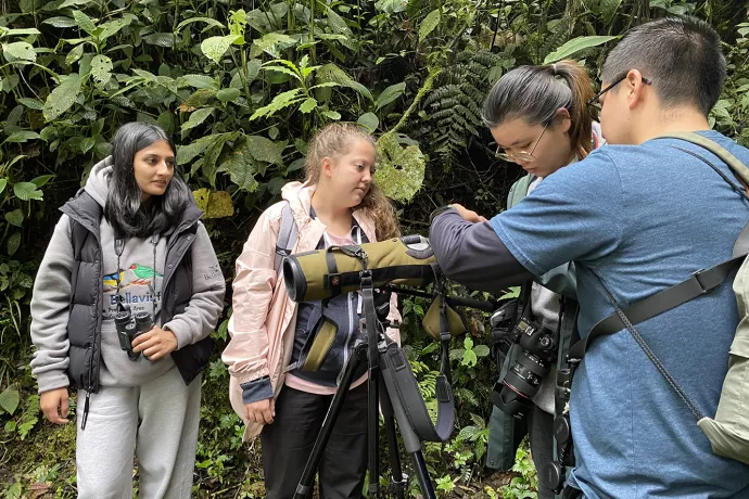 Four students standing in a tropical forest. One has a pair of binoculars around her neck as she watches the other three mount a camera with a long lens to a tripod.
