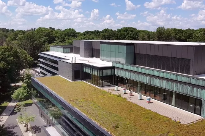 Aerial photo of green roof at UTM which has beehives on it.