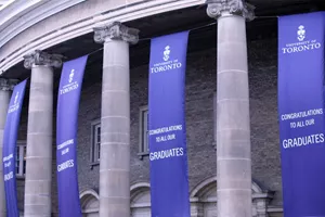Convocation Hall with blue graduation banners