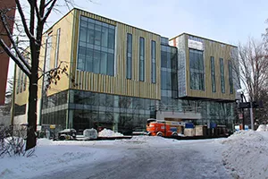 Construction work on the exterior of Deerfield Hall.