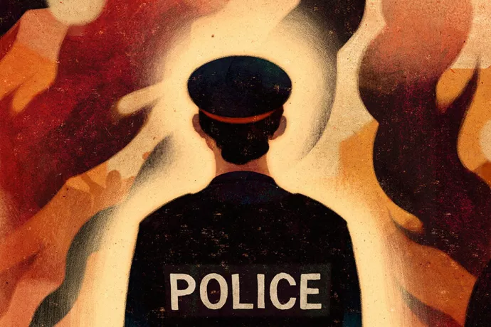 Illustration of police officer with their back to the camera, flames in front of them