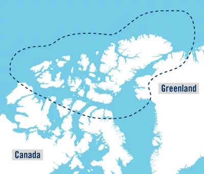 A map with an outline showing the Last Ice Area is located between Greenland and Canada in the far north