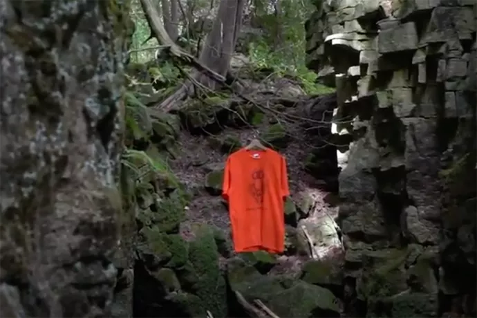 Orange shirt hanging in woods