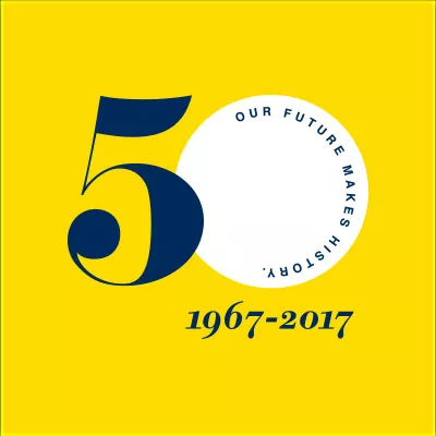 50th logo on a yellow background