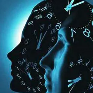 Two stylized human heads, facing to the left, with overlays of clocks