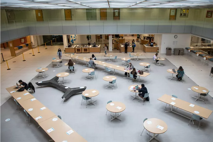 Overhead shot of The Meeting Place, with students at tables physically distanced