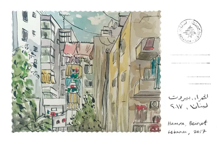 Watercolour postcard streetview of buildings along both sides and apartment at the end