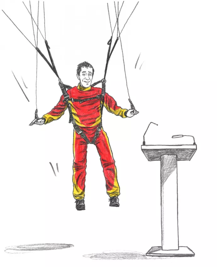 Illustration of Daniel Zingaro skydiving into lecture hall