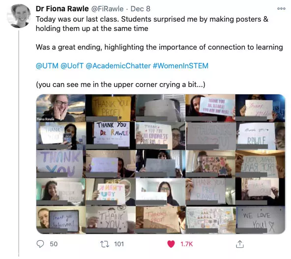 Photo showing zoom classroom gallery of students holding signs saying "thank you" with Dr. Rawle smiling and tearing up in the top corner.