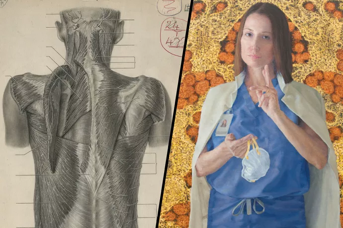  pencil drawing of muscles in back of person. Right drawing of female in blue scrubs holding N95 mask