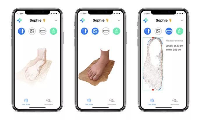 Images of three phone screens showing a foot being measured