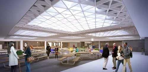 Architectural rendering of interior of Meeting Place shows a large overhead skylight and a wide open space with tables and benches.