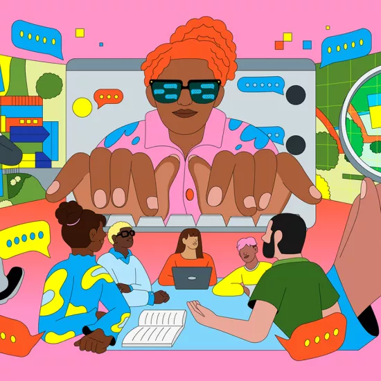 Illustration of a woman typing on a keyboard in the centre, with people sitting at a desk below her.