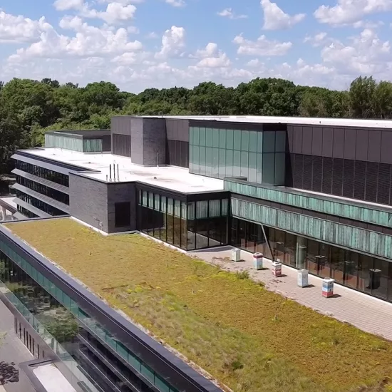 Aerial photo of green roof at UTM which has beehives on it.