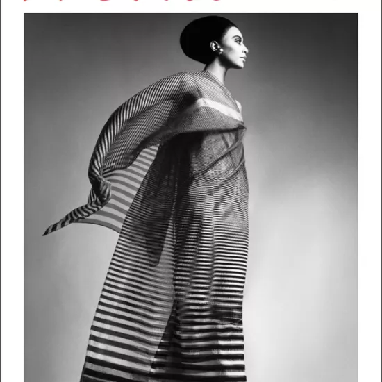 Image of book cover. Black and white photo of a model wearing a black turban and a sheer striped dress. Text reads: Work!: A Queer History of Modeling by Elspeth H. Brown