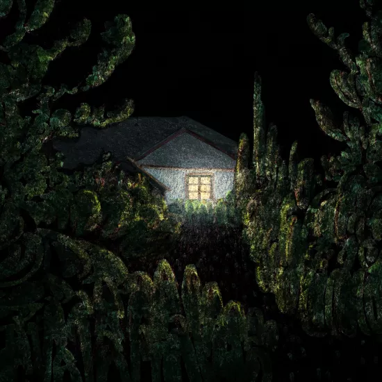 Painting of a house tucked behind trees at night with lights on