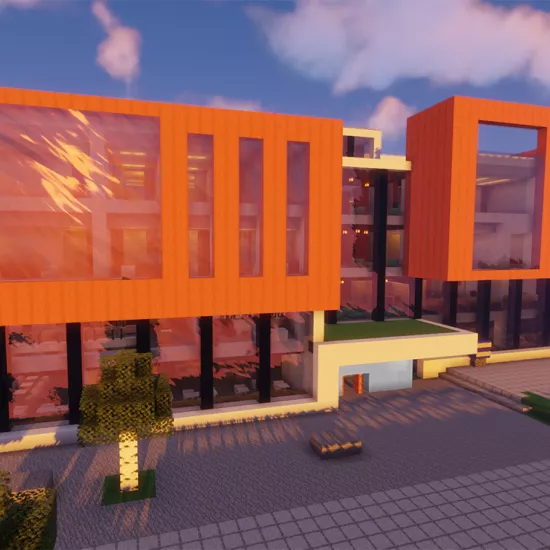 Minecraft replica of Deerfield Hall building in sunset