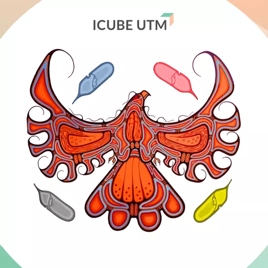 Stylized image of a red bird, top view, wings spread, with a light blue, red, black and yellow feather at each corner.  Above bird text reads: ICUBE UTM