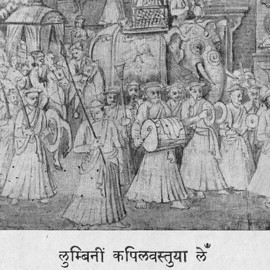 Black and white scan of line drawing of people in street, wearing robes, carrying drums and cymbals. Elephant in the background.