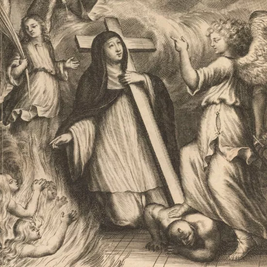 Black and white illustration of nun kneeling, holding wooden cross, surrounded by angels. The angel in front of her is standing, with the devil held below her right foot.