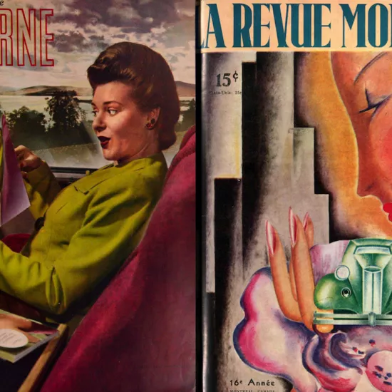 Two magazine covers. On left is a drawing of a woman sitting on a chair next to a window holding up the cover of the magazine she is on the cover of. The other shows a drawing of a woman's face from the side, her hand holding a green car. Text reads: La Revue Moderne, 15C, salon de l'auto 1935
