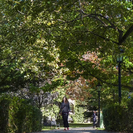 Woman walking on path toward camera surrounded by green trees