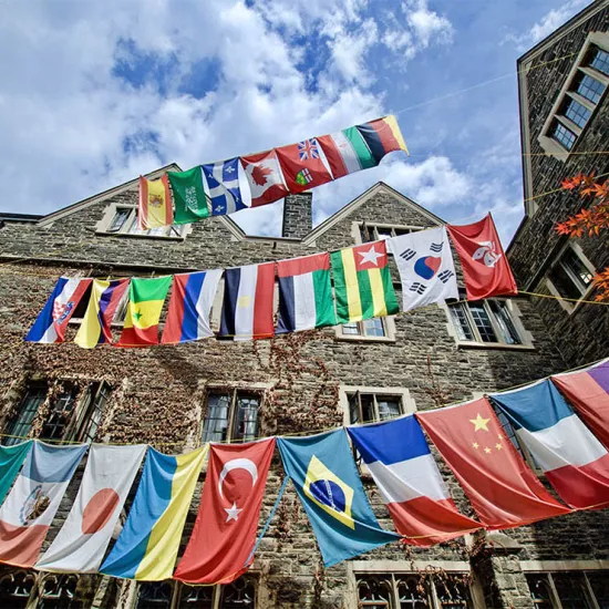 Photo of various country flags handing outside a stone building