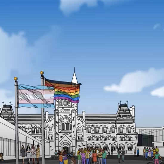 Line art of three buildings from each campus with the pride flag raised in front