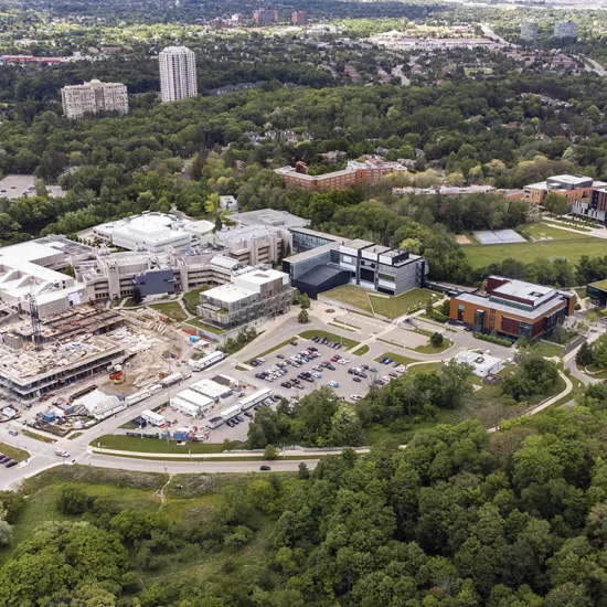 Aerial photo of UTM, showing buildings group together, surrounded by trees