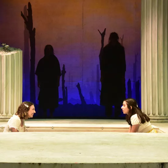 Two girls sit in a rectangular pit on stage, facing one another as if in discussion. In the background are shadows of people and a broken picket fence