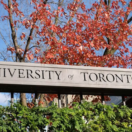 U of T stone gate sign with autumn leaves