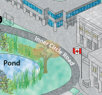 Square preview of the campus map showing parts of the south building, and inner circle road