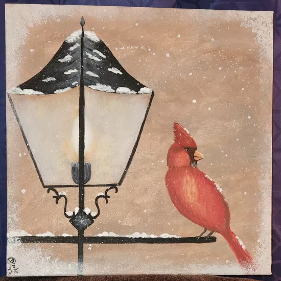 painting of a cardinal on a lightpost