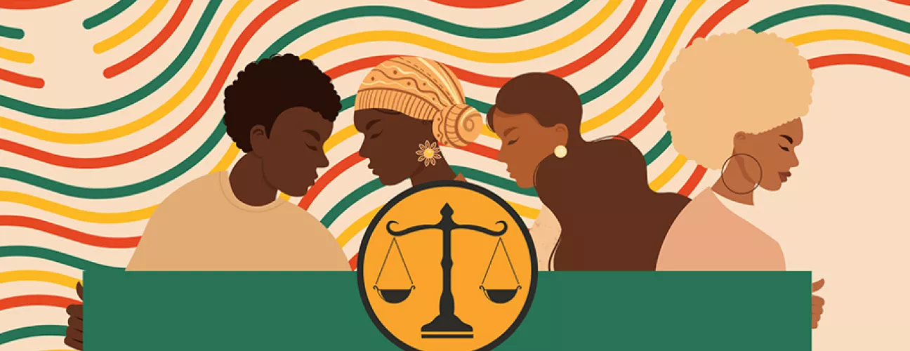 Digital graphics of Black people. In the center are weighing scales of justice