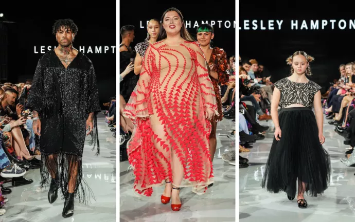 Collage of photos from Lesley Hampton's fashion show. Male model in a black, shimmery outfit. Lesley in a sheer gown with red triangles. Monika Myers in a black tulle skirt and shimmery crop top