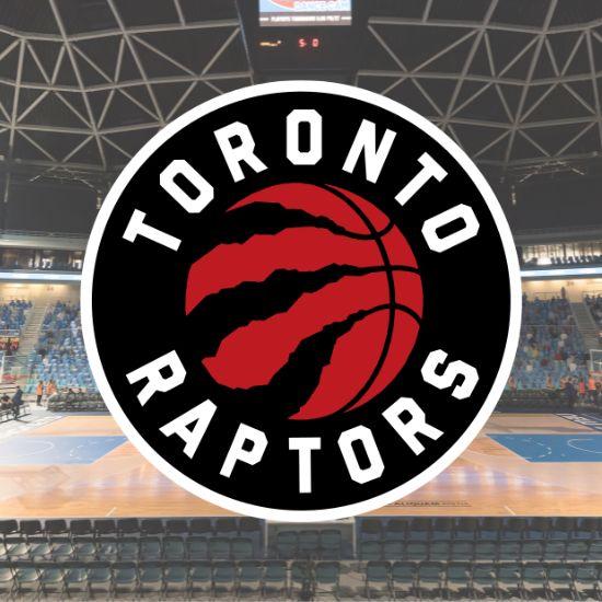 Toronto Raptors Logo over a basketball court backdrop