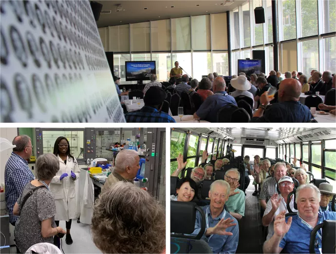 Collage of three photos: crowd watching Prof. Alex give her speech, alumni in a laboratory, alumn on the bus and waving at the camera
