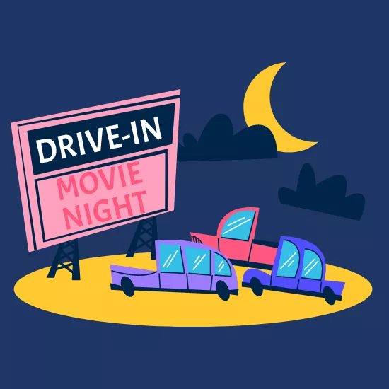 graphic of retro cars parked in front of a sign that reads "Drive-in Movie Night"