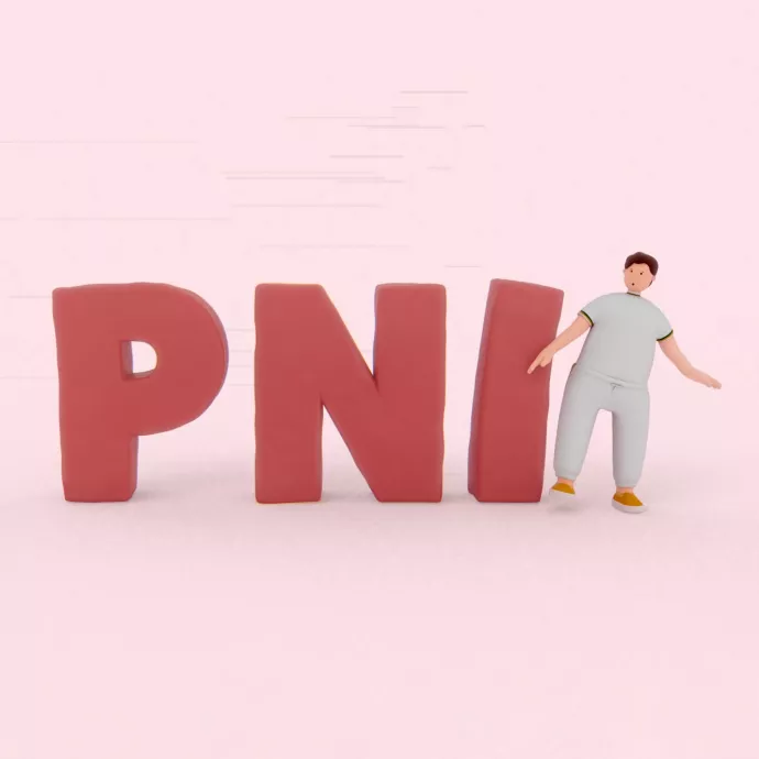Blownup red letters that read PNI and at the end is a graphic of a person