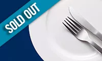 A fork and knife resting on a white plate with text overlay SOLD OUT