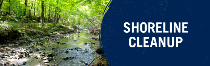 Photo of stream surrounded by trees and text overlay "Shoreline Cleanup"