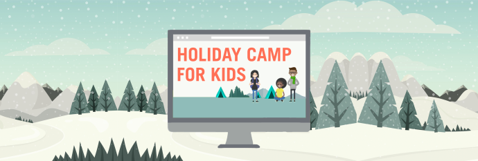 Graphic of computer screen in wintery scene with kids and a camp of tents