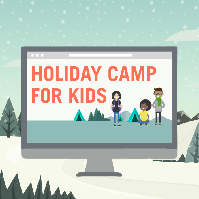 Holiday Camp graphic visual with tents, a screen and three kids