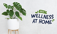 Plant on a stand with text overlay Wellness at Home