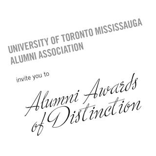 Black, cursive text on white background, around alumni awards of distinction