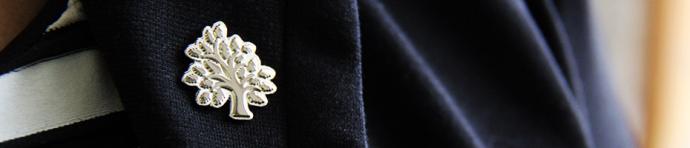 Close up of silver Cressy pin on navy blazer