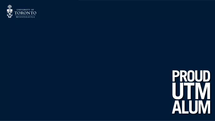 Navy background with UTM logo on the upper left. On the lower right reads "proud UTM alum"